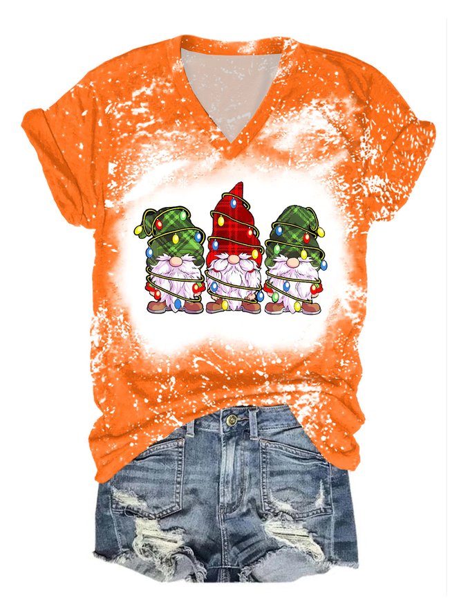 Women Christmas Funny Gnomes Print V Neck T-Shirt