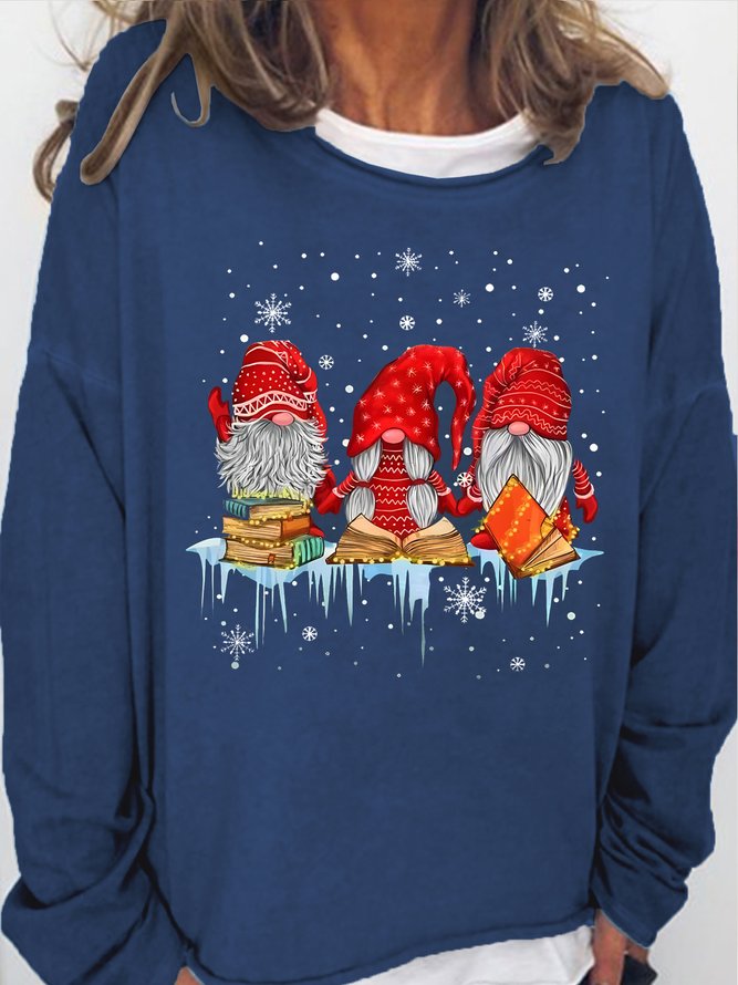 Womens Christmas Gnomes Book Crew Neck Regular Sweatshirt