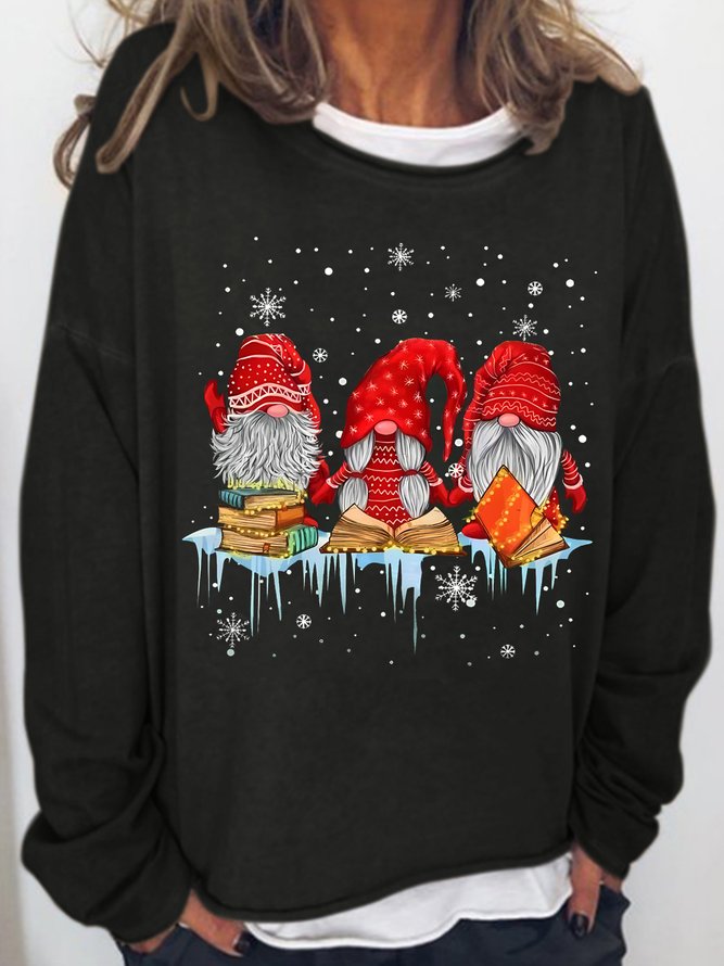 Womens Christmas Gnomes Book Crew Neck Regular Sweatshirt