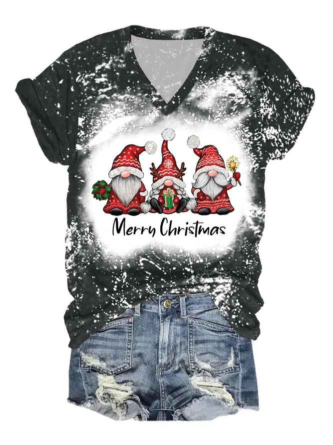 Women Merry Christmas Gnomes Print T-Shirt