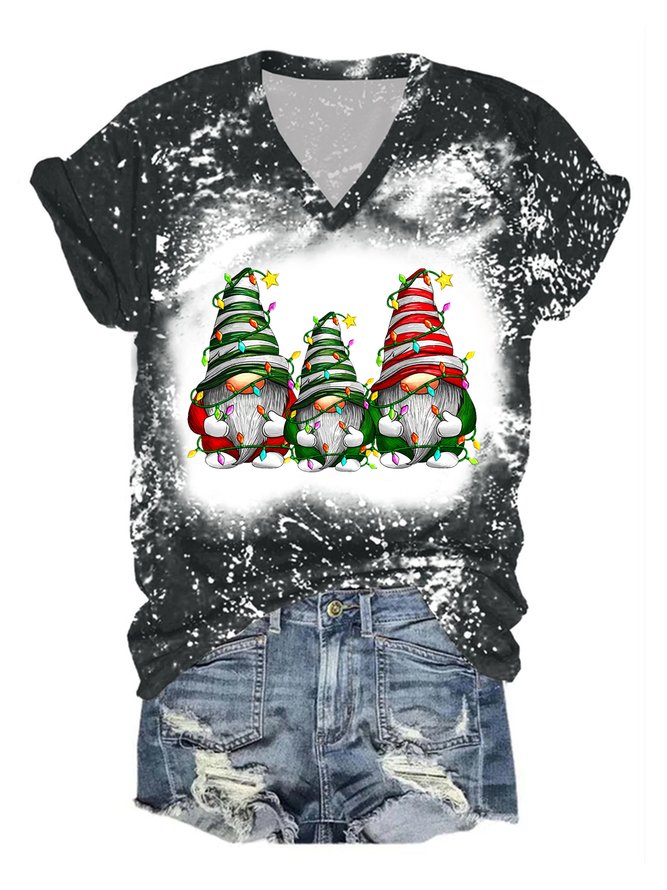 Womens Merry Christmas Gnomes Print V Neck Cotton-Blend Loose T-Shirt