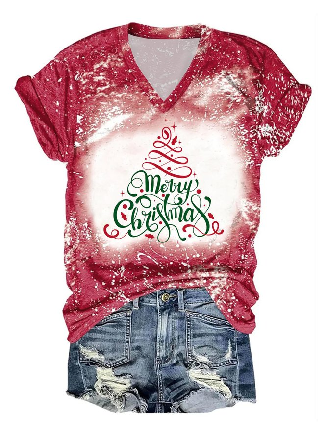 Women Christmas Tree Cotton-Blend V Neck T-Shirt