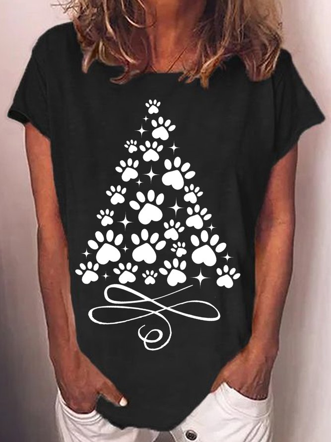 Women's Paw Christmas Tree Printed Casual Crew Neck T-shirt