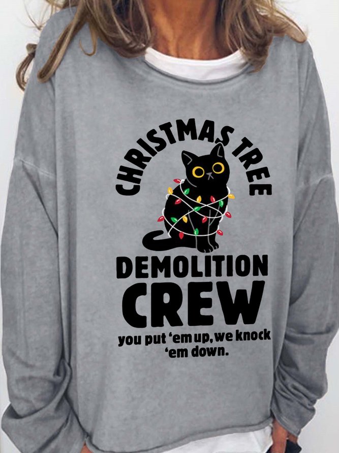 Christmas Tree Demolition Crew With Cat Women's Loose Sweatshirt