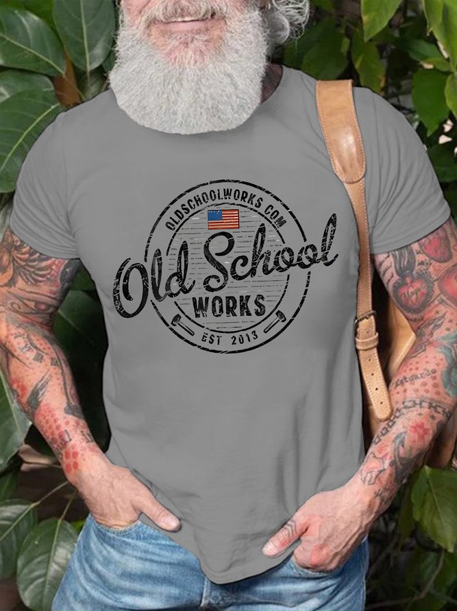 Mens Old School Works Graphic Print Funny Loose Text Letters Cotton T-Shirt