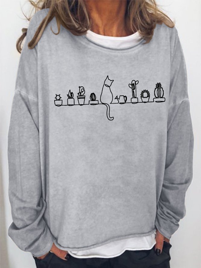 Mens Plant Cat Graphic Print Casual Crew Neck Cotton-Blend Sweatshirt