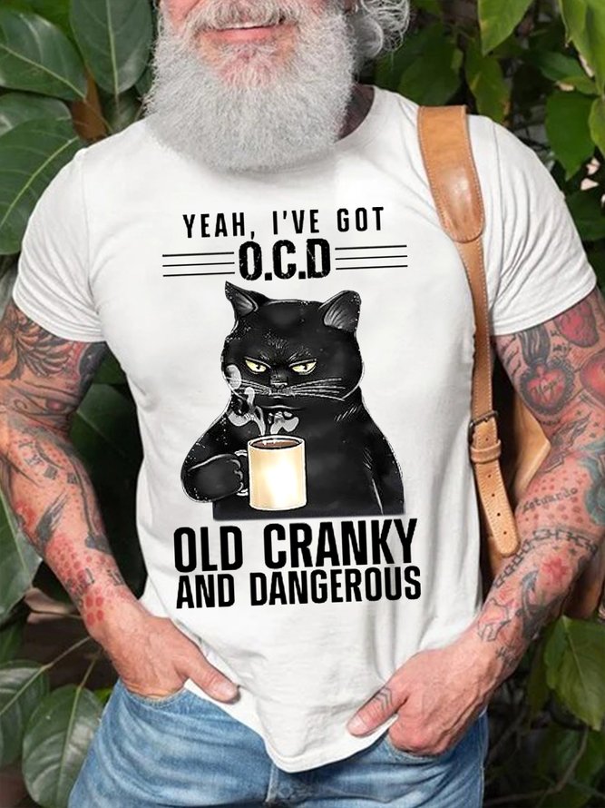 Mens Old Cranky And Dangerous Funny Text Letters Cat Coffee Graphic Print Crew Neck Cotton T-Shirt