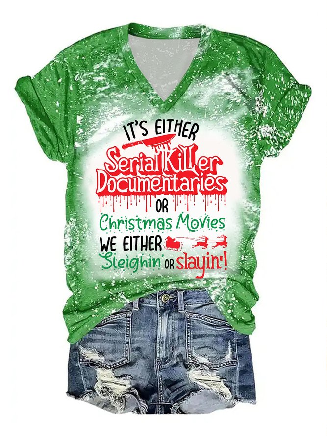 Womens Merry Christmas Horror Plot Graphic Bleach Print V Neck Cotton-Blend Loose T-Shirt
