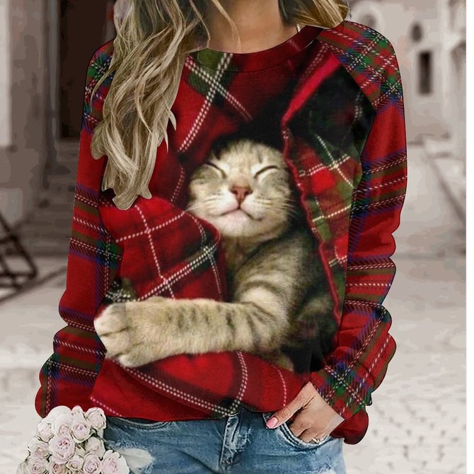 Women's Christmas Cat Crew Neck Plaid Sweatshirt