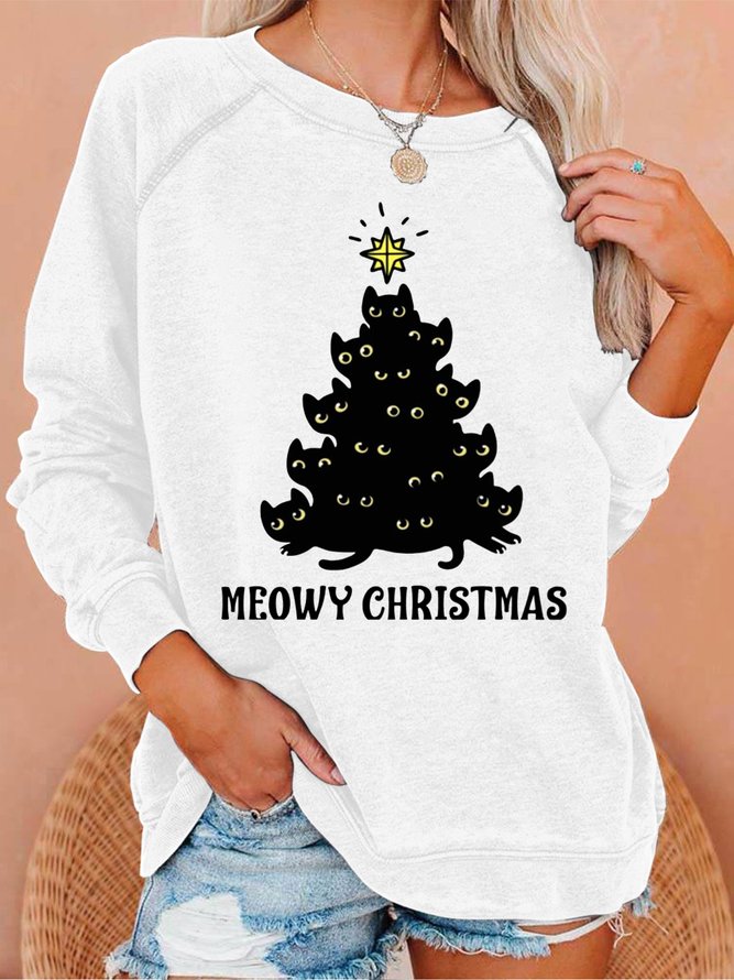 Women Meowy Christmas Funny Cat Lover Christmas Simple Crew Neck Sweatshirt