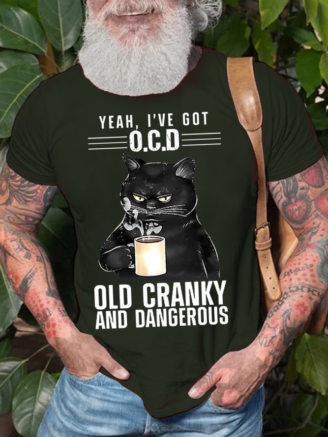 Mens Old Cranky And Dangerous Funny Text Letters Cat Coffee Graphic Print Crew Neck Cotton T-Shirt