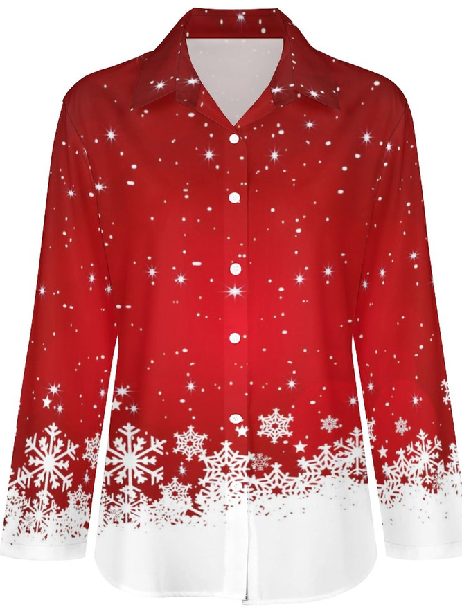 Women Christmas Snowflakes Shirt Collar Simple Blouse