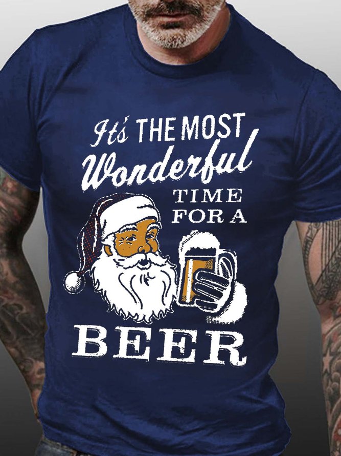 Santa beer print round neck short-sleeved cotton T-shirt
