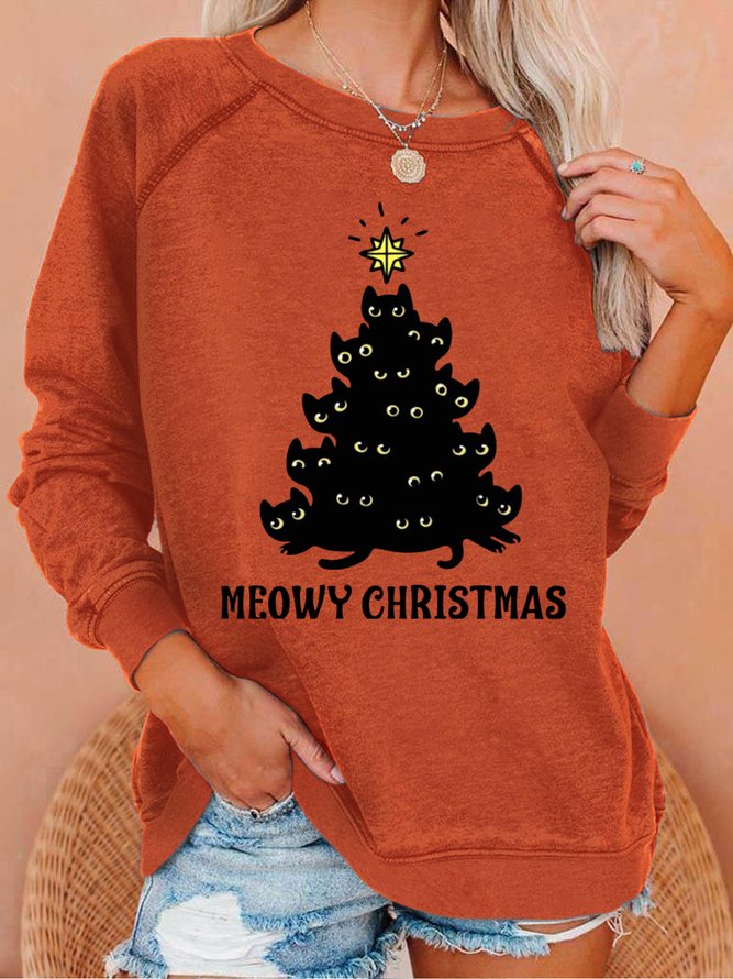 Women Meowy Christmas Funny Cat Lover Christmas Simple Crew Neck Sweatshirt
