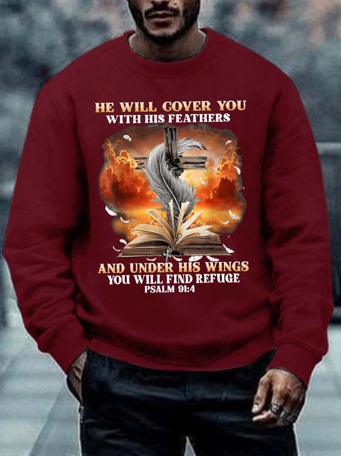 Men He Will Cover You With His Feathers You Will Find Refuge Crew Neck Casual Sweatshirt