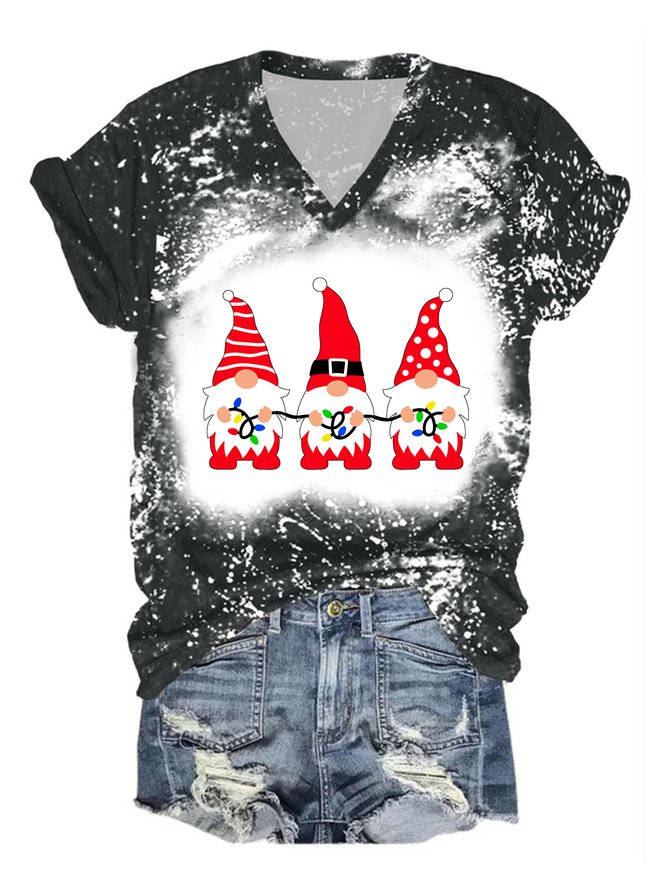 Womens Merry Christmas Gnomes Bleach Print V Neck Cotton-Blend Loose T-Shirt