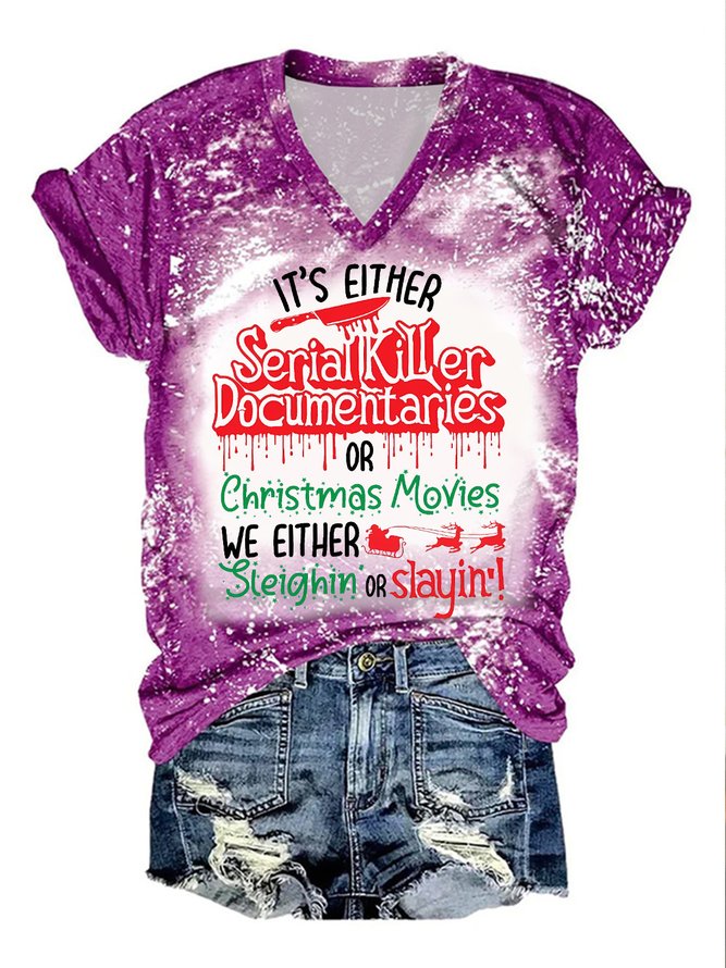 Womens Merry Christmas Horror Plot Graphic Bleach Print V Neck Cotton-Blend Loose T-Shirt