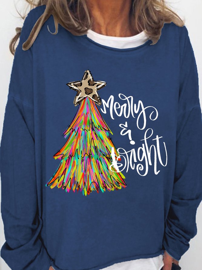 Women's Merry And Bright Christmas Tree Graphic Print Casual Crew Neck Sweatshirt