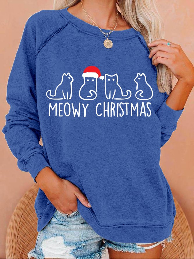 Women Funny Cat Meowy Christmas Crew Neck  Sweatshirt