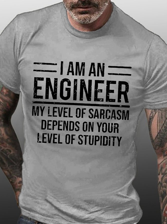 Mens My Level Of Sarcasm Depend On Your Level Of Stupidity Funny Graphic Print Text Letters Crew Neck Cotton T-Shirt