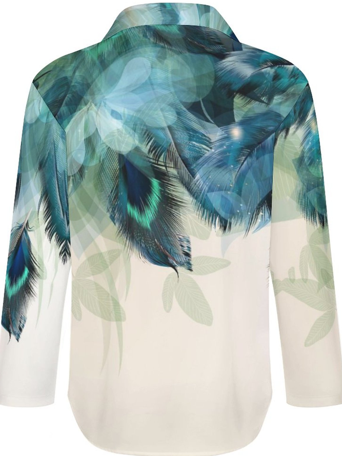 Women Colorful Feathers Loose Shirt Collar Geometric Blouse