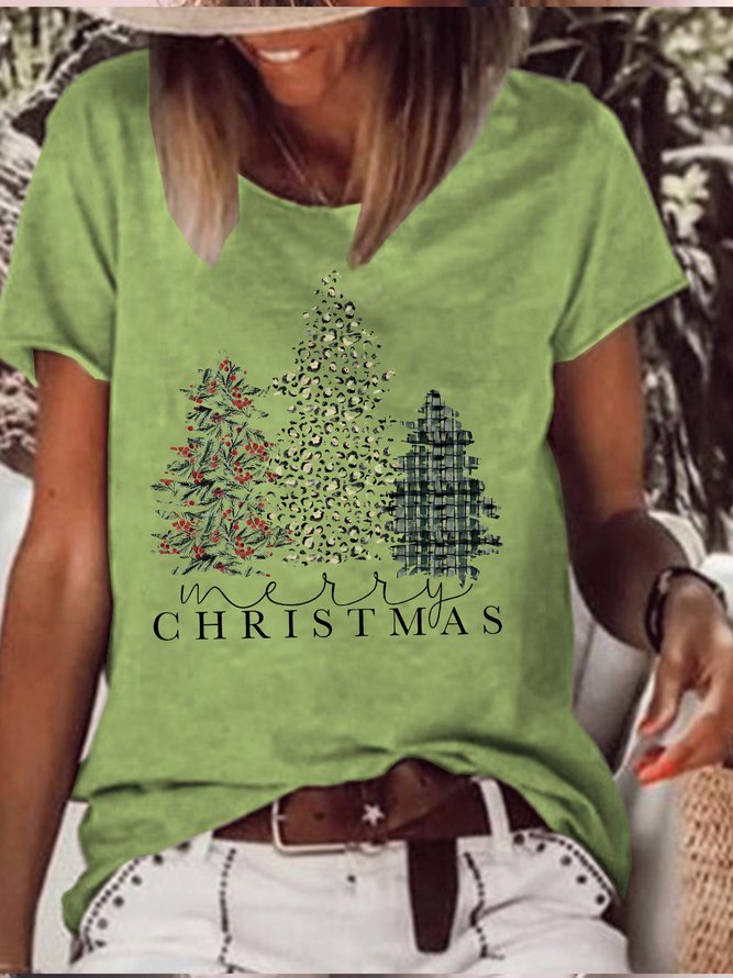 Women's Christmas Tree Graphic Print Crew Neck Casual Cotton-Blend T-Shirt