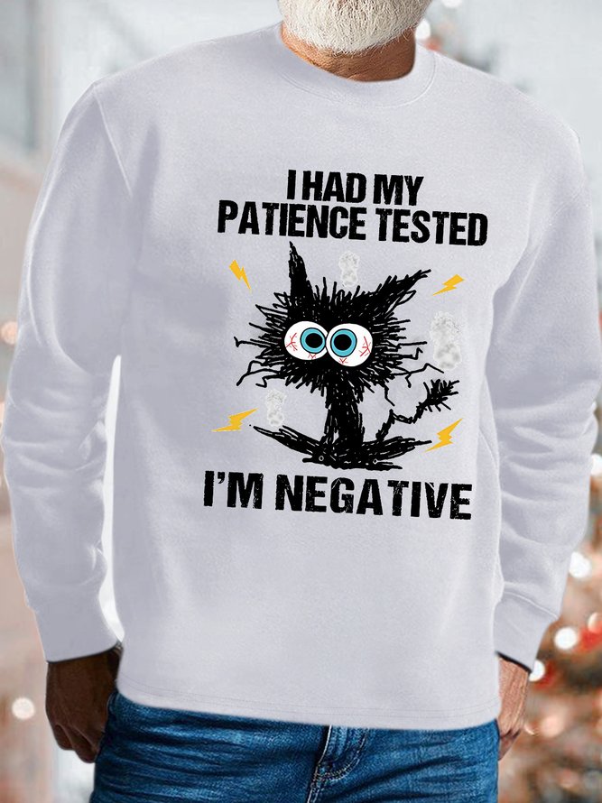 Men's I Am Negative Funny Grumpy Black Cat Graphic Print Text Letters Loose Cotton-Blend Sweatshirt