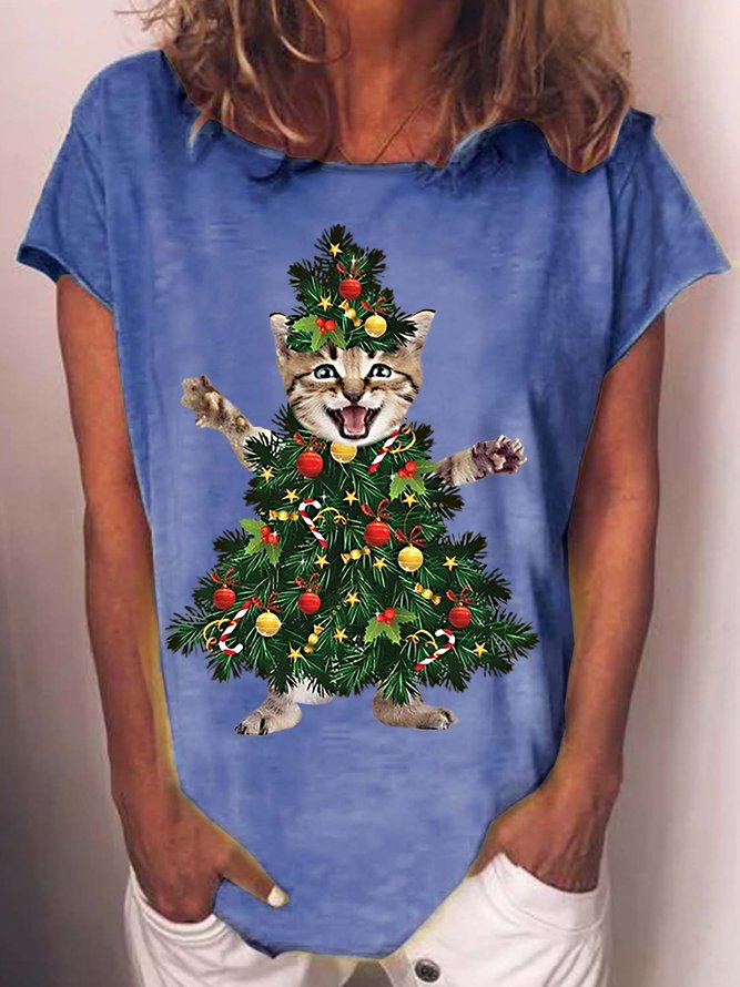 Womens Christmas Tree Cat Crew Neck T-Shirt