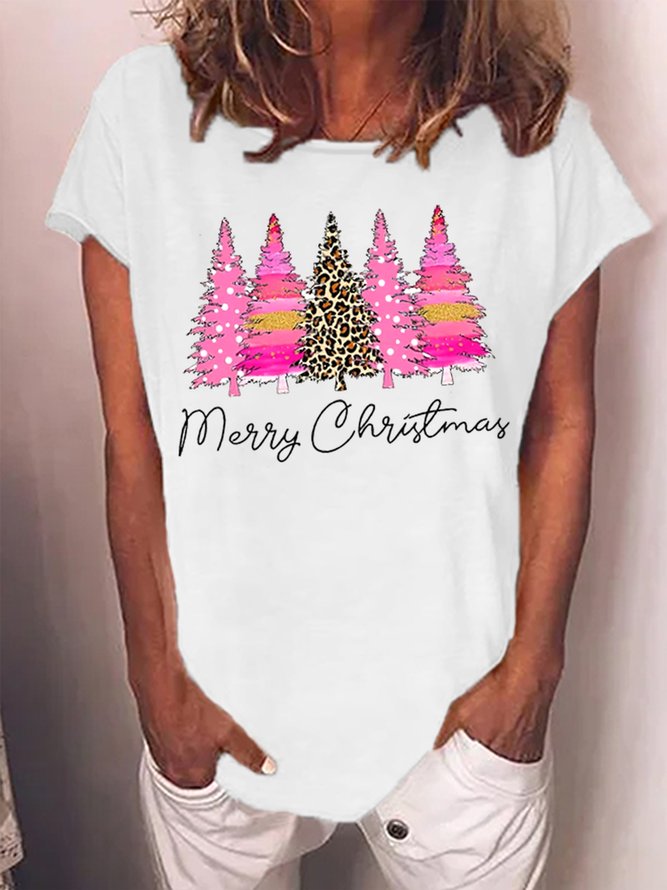 Women's Christmas Tree Graphic Print Crew Neck Cotton-Blend Casual T-Shirt