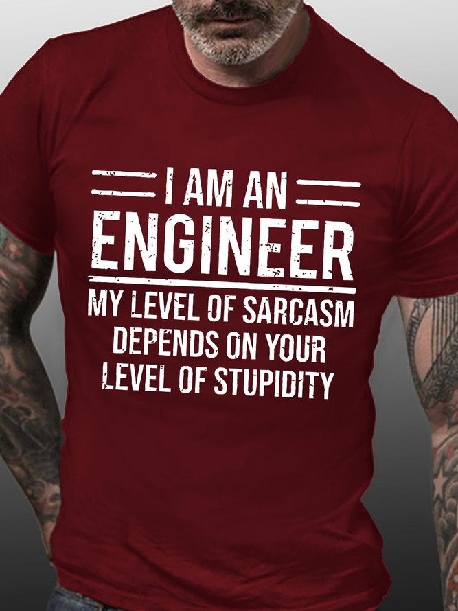 Mens My Level Of Sarcasm Depend On Your Level Of Stupidity Funny Graphic Print Text Letters Crew Neck Cotton T-Shirt
