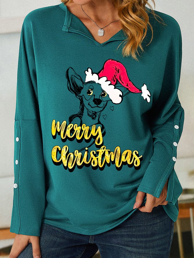 Women Merry Christmas Funny Dog V Neck Loose Sweatshirt