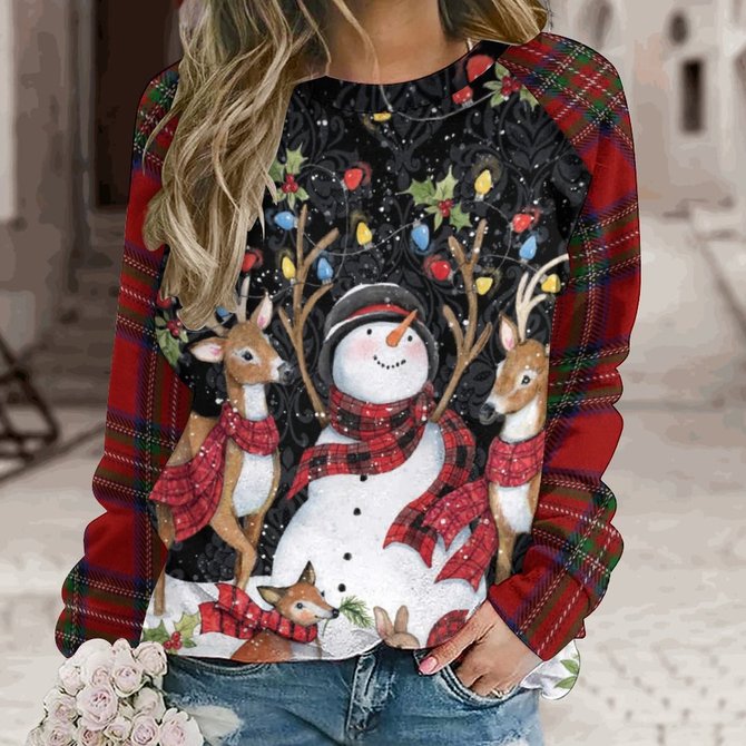 Womens Christmas Snowman Crew Neck Casual Sweatshirt