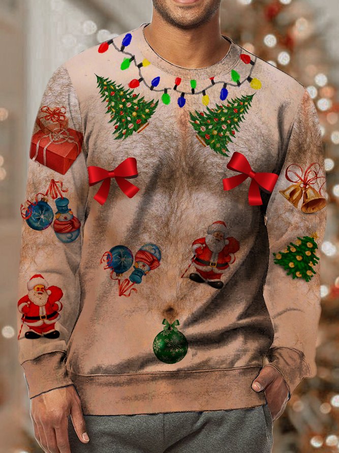 Mens Funny Christmas Ugly Hairy Cute Muscle 3D Print Crew Neck Casual Sweatshirt