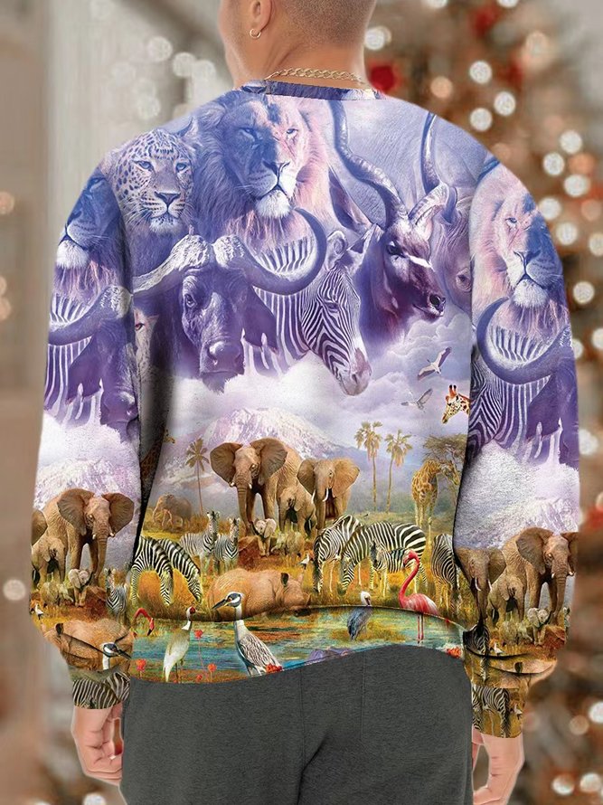 Men Animals And Forests Pattern Crew Neck Casual Animal Sweatshirt