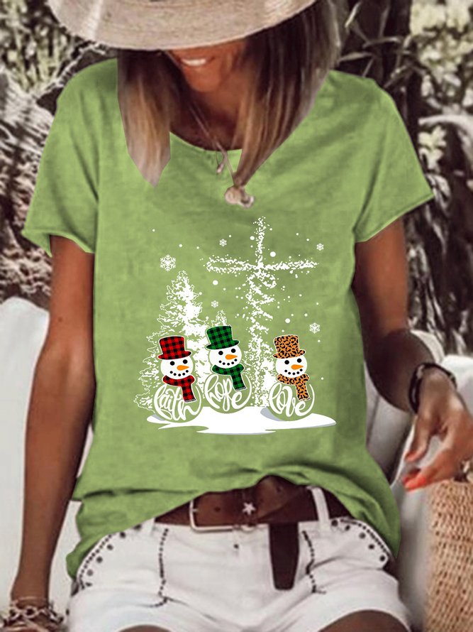 Women Snowman Christmas Print Simple T-Shirt