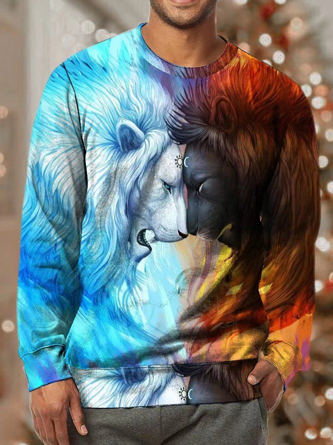 Men Lion Animals Pattern Casual Sweatshirt