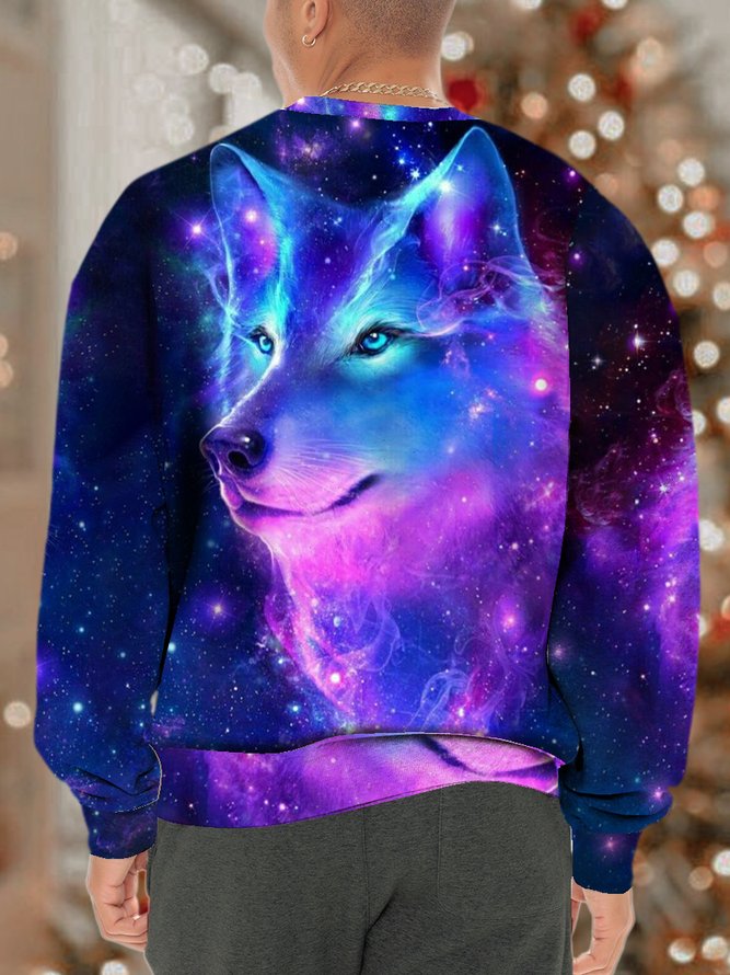 Mens Colorful Wolf Full Print Crew Neck Casual Sweatshirt