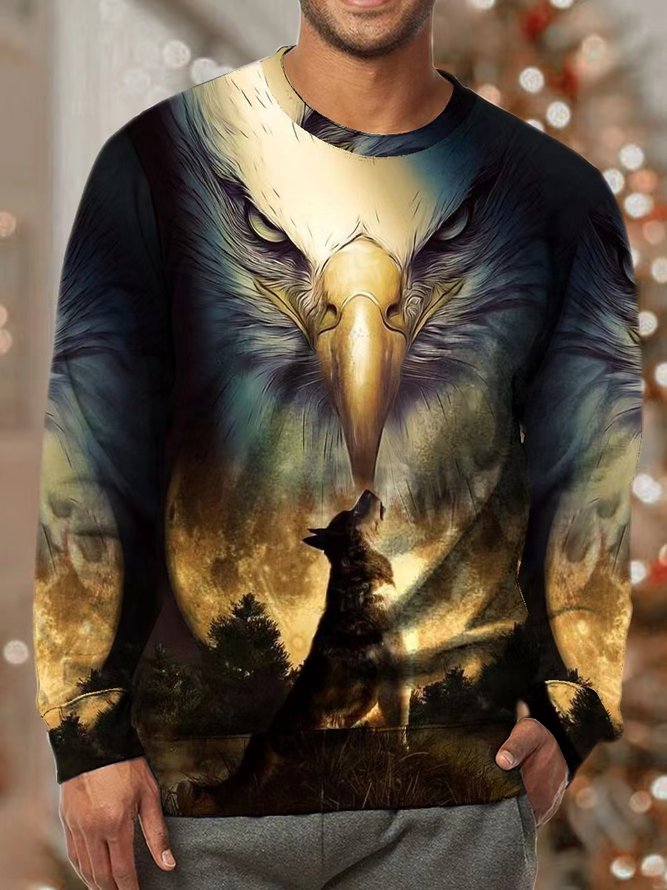 Men Eagle Wolf Animals Pattern Casual Sweatshirt