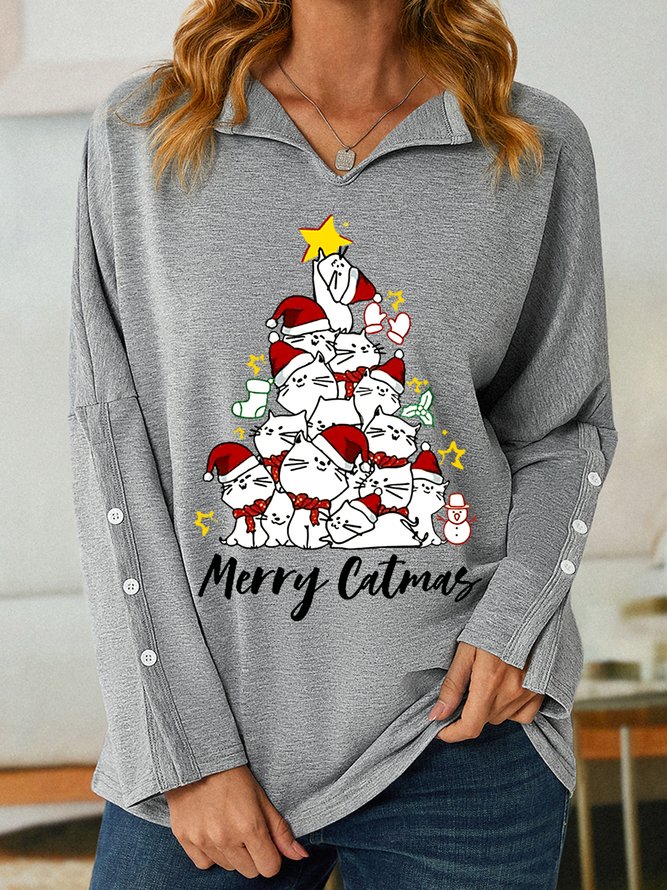 Women Funny Cat V Neck Loose Christmas Tree Sweatshirt