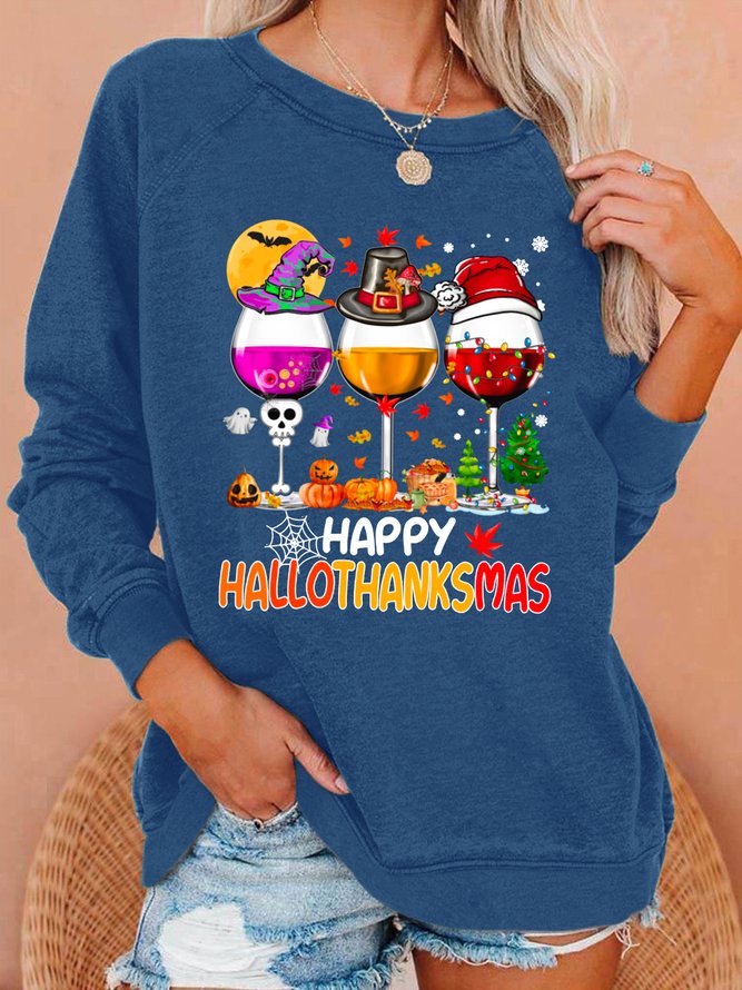 Women's Happy Hallo Thanks Mas Funny Three Red Wine Christmas Graphic Print Loose Casual Sweatshirt