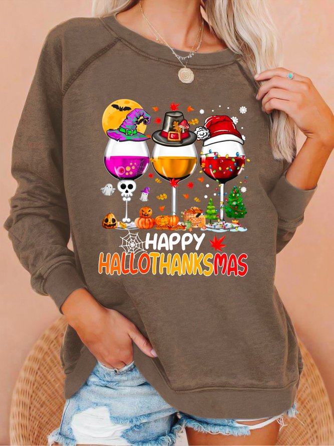 Women's Happy Hallo Thanks Mas Funny Three Red Wine Christmas Graphic Print Loose Casual Sweatshirt