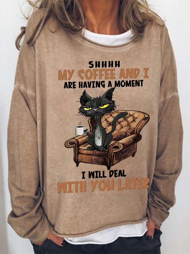 Women's Funny Cat Coffee Simple Loose Sweatshirt