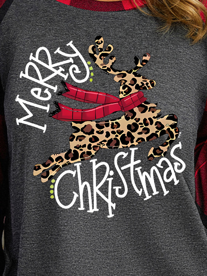 Women's Leopard Grain Elk Buffalo Plaid Graphic Print Merry Christmas Loose Crew Neck Long Sleeve Top