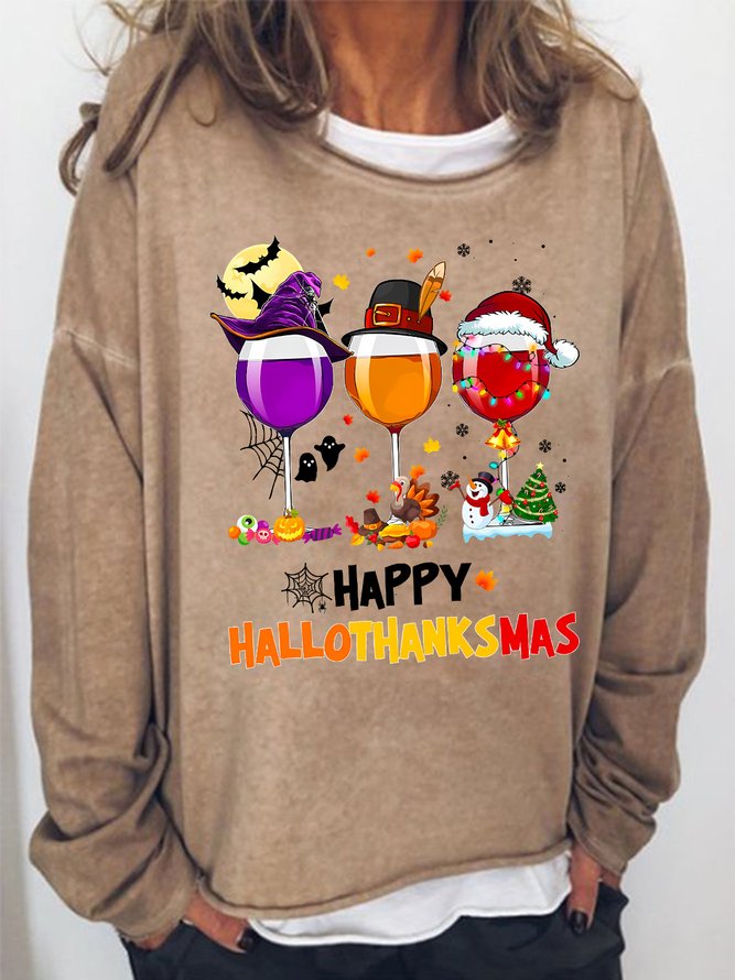 Women's Happy Hallo Thanks Mas Funny Three Red Wine Glasses Christmas Graphic Print Casual Loose Sweatshirt