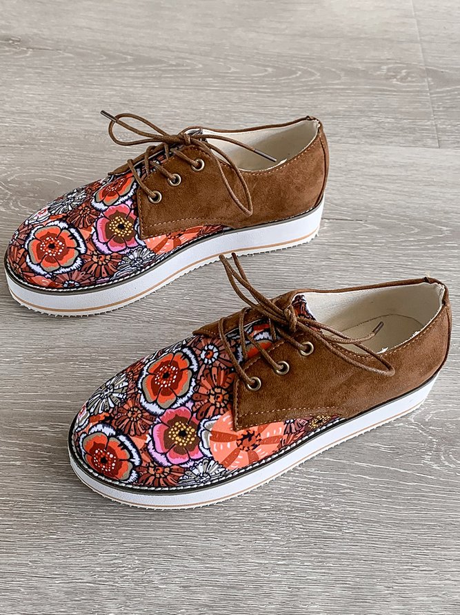 Floral Printed Patchwork Lace Up Shoes