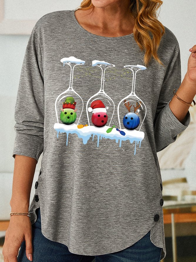 Women's Merry Christmas Three Wine Glasses Funny Elves Funny Graphic Print Crew Neck Loose Cotton-Blend Top