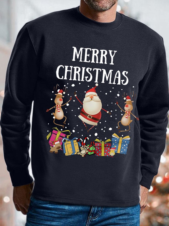 Mens Merry Christmas Elk Funny Santa Graphic Print Claus Sweatshirt