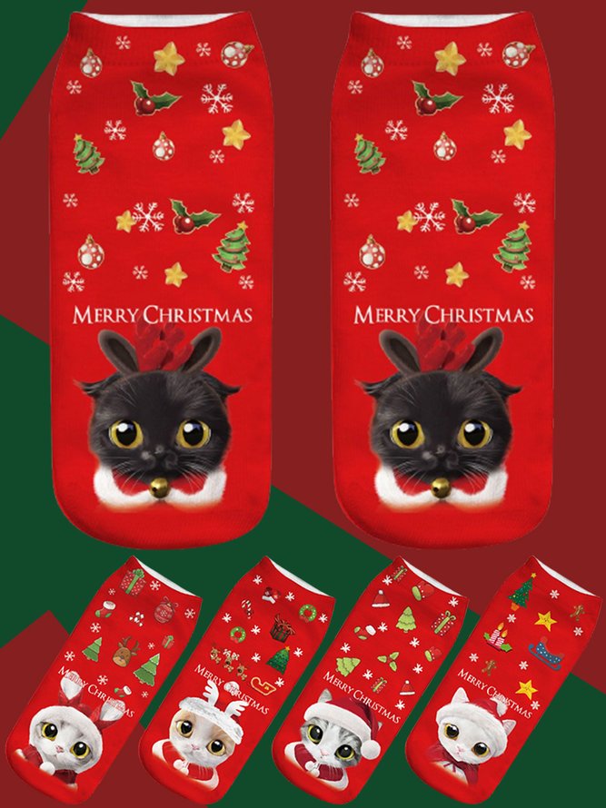 Red Cotton Black Cat Pattern Socks Christmas Holiday Party Accessories Matching