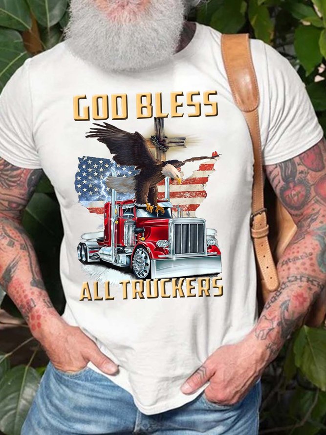 Men God Bless All Truckers American Flag Eagles Casual T-Shirt