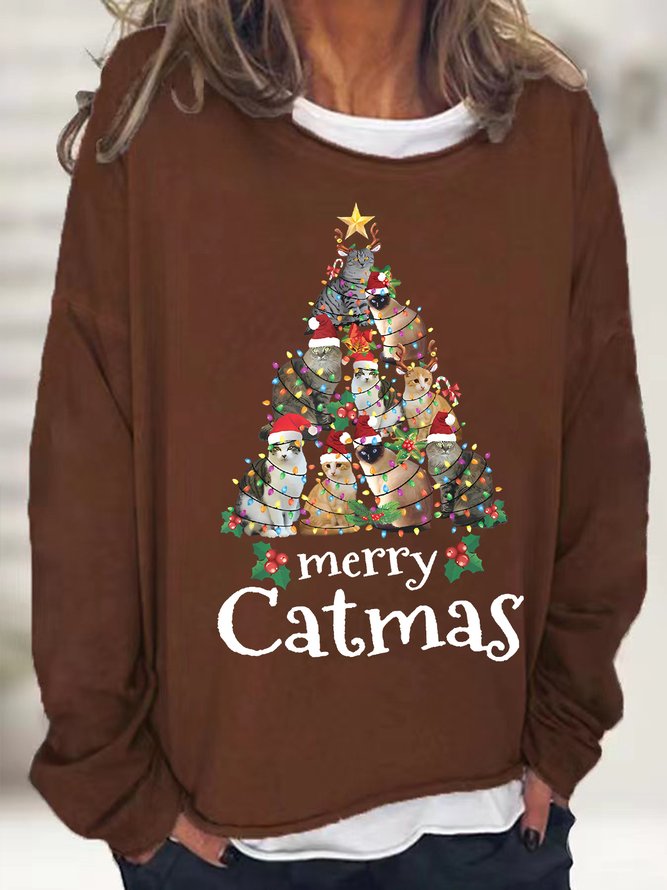 Women's Merry Christmas Cat Funny Graphic Print Casual Crew Neck Sweatshirt